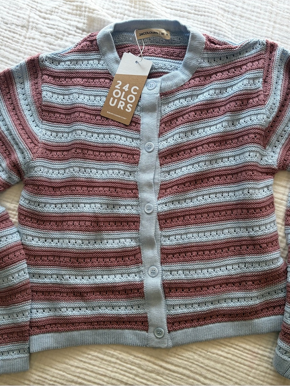 24Colours Women's Striped Knit Cardigan - Dusty Rose & Light Blue